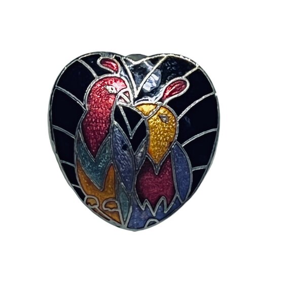 Vintage Silver Tone & Enamel Heart Shaped Peacock Clip On Earrings (5869) - Picture 3 of 5